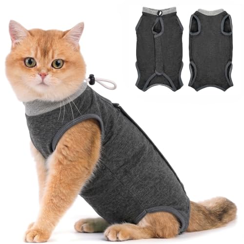 Avont Cat Recovery Suit - Kitten Onesie for Cats After Surgery | Stop Licking, Protects Stitches, M: Neck 9.5"-11"/Chest 13.7"-15.4"/Back 10.4", Soft & Breathable, Hook & Loop, Darkgrey - color: Darkgrey, size: Medium