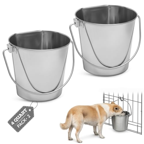 Flat Side Stainless Steel Bucket 4 Quart Hanging Feeding Pail for XL Dogs Cats Goats Sheep, Fits Kennel Cage Compatible, Heavy Duty Food and Water Feeder, 1 Gallon Silver Buckets 2 Pack - size: 4 Quart (Pack of 2)