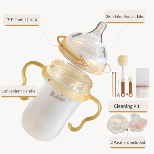 Kair Anti-Colic Baby Bottle Set Medium Flow 8oz for 6-9M L Nipple | 30° Twist Lock, Silicone Skin-Like Nipple for Newborn, with Cleaning Kit, 2 Pacifiers & Gravity Straw, New Parents Gift Box