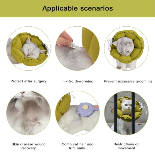 Soft Cat Cone Collar， Cute Adjustable Cat Recovery Collar，Elizabethan e Collar that can Protect Head and Foot Wounds，Green Flower All-Season Style - color: Green Flower, size: S
