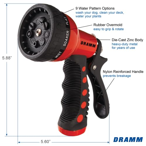 Dramm Revolver Heavy Duty Metal Garden Hose Nozzle – 9 Spray Patterns, High Pressure Jet, Thumb-Control Flow, Ergonomic Grip – Red - color: Red, size: No Size (Single), style: 9-Pattern Revolver