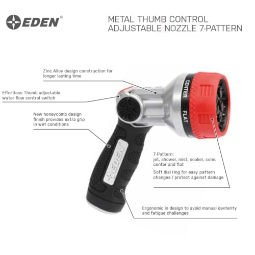 Eden 94805 Metal Thumb Control Heavy Duty Garden Hose Nozzle, High Pressure Water Sprayer W/ 7 Adjustable Patterns, W/Quick Connect Set for Plants, Lawn, Garden - style: 7-Pattern