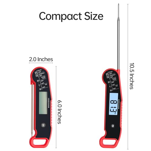Lonicera Instant-Read Meat Thermometer, 1-Second, IP67 Waterproof, Red | Thermocouple sensor delivers readings in 1 second with ±0.9°F accuracy, plus IP67 waterproofing, auto-rotate and wake - color: RED
