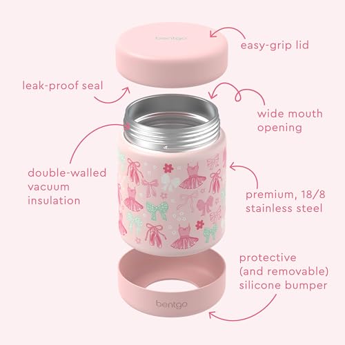 Bentgo Kids Stainless Steel Leak-Proof Food Jar for Hot or Cold Food | 11 fl oz Double Insulated Container with Removable Silicone Bumper, Dishwasher Safe, Easy Open Lid, Ages 3+ (Ballet and Bows) - color: Ballet and Bows