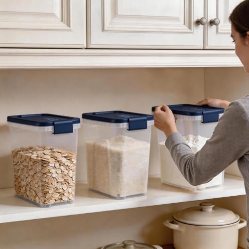 Tight-Lock Rice Container 10-15 Lbs, Airtight Flour Container Dry Food Bin | Plastic Food Container with Scoop, Dry Food Storage Bin Dispenser for Cereal, Sugar, Kitchen, Pantry Organizers and Storage - color: Dark Blue