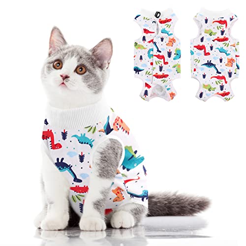 Cat Recovery Suit, Soft Kitten Onesie for Cats After Surgery Female | Breathable Spay Recovery Suit for Cats E-Collar Alternative Protective Bodysuit Anti Licking for Abdominal Wound, Dinosaur S - color: Colorful Dino, size: Small