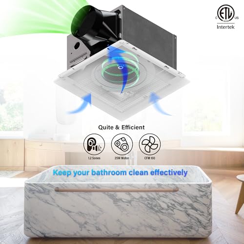 Ventilation Fan With Grille for Bathroom and Home, 100CFM, 25W Ceiling Mount Shower Exhaust Fan, 120V, White, Wet Rated, ETL Certified - size: 100CFM with Grille
