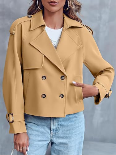 ebossy Women's Double Breasted Short Duster Trench Coat Lapel Loose Windproof Cropped Jacket Coat with Pockets - color: Khaki, size: XX-Large