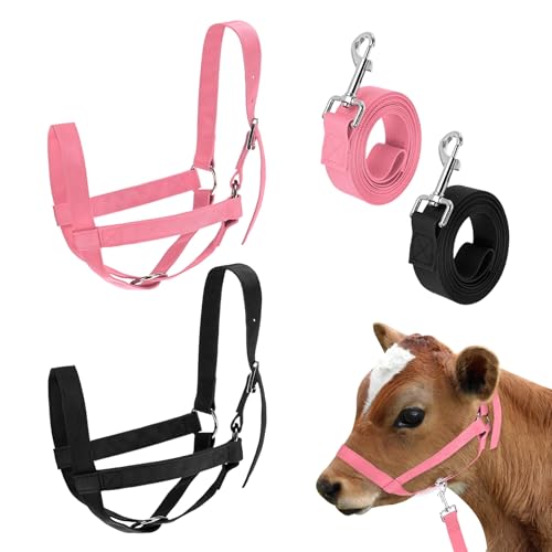 M METERXITY 2-Pack Adjustable Cattle Cow Calf Halter, 15.74"-19.68" Nylon Livestock Cow Halter with Leading Rope for Miniature Horse/Donkey/Goat/Cattle [Red/Black]