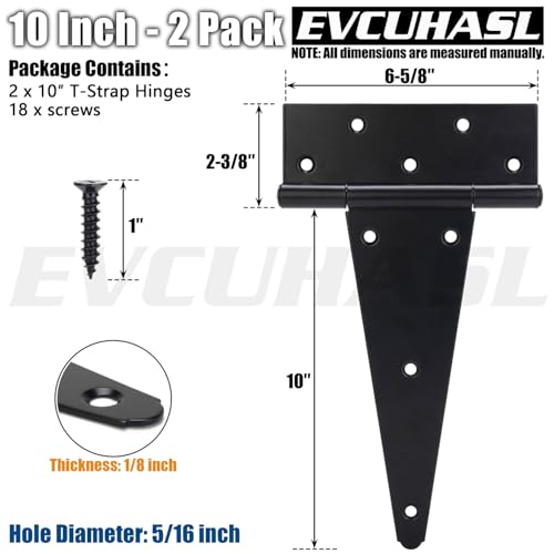 10 Inch T-Strap Gate Hinges, Shed Barn Door Hinges Heavy Duty, Black Tee Hinges for Wooden Fences, Yard Gate, Wrought Hardware Iron Rustproof (2 Pack/Set) - size: 10 Inch