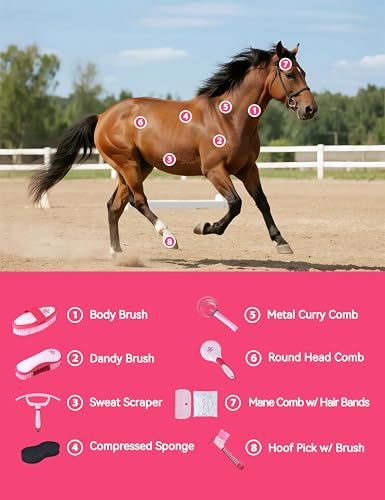 Horse Grooming Kit, 9 Piece Grooming Brush Set with Silicone Curry Comb for Bathing & Shedding Pink Garnet - color: Pink Garnet