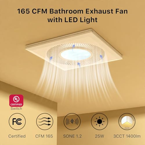 Bathroom Exhaust Fan with Light 165CFM Quiet 1.2 Sones | Ventilation Fan with 3CCT 1400lm LED Light Ceiling Cutout 9.84"x9.84" including Expandable Kit for Bathroom Laundry - color: 6550k Pure White
