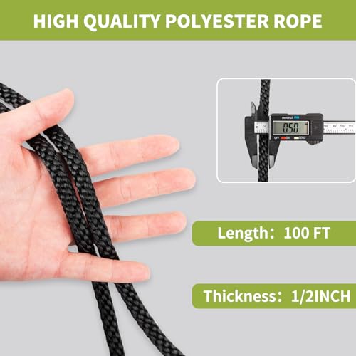 1/2 Inch × 100 FT Black Polyester Solid Braid Rope – UV & Abrasion Resistant, Low Stretch, Multipurpose for Flagpole Halyard, Clothesline, Camping, and Utility Tasks - size: 1/2 In×100 FT