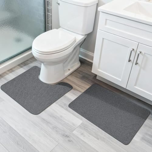 Bosap Bath Mat Set 2 Pieces,Ultra Thin Bathroom Rugs,Rubber Toilet Rugs | Non Slip,Quick Dry,Machine Washable,Low Pile,Absorbent,Shower,Sink,Bathroom Decor.(Dark Grey,17"x27" Plus 20"x24"U Shaped) - color: Dark Grey, size: 1'8"x2"u+1'5"x2'3"(set)