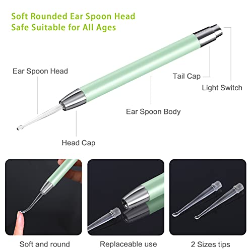 4 Pack Ear Wax Removal Tool Kit with Light, Ear Pick Ear Cleaning Tools Set for Kids and Adults, Ear Picks Digger & Tweezers & Spiral Spring Ear Spoon with Storage Box (Green) - color: Green