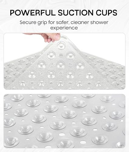 ADOV Square Shower Mat Non Slip, 21 x 21 in Bathtub Mat with 164 Strong Suction Cups, Drain Holes, Machine Washable, Soft Anti-Slip Bathroom Mat for Inside Shower, Tub and Shower Stall - Clear - color: White