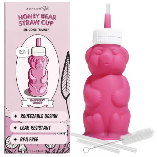 Legendairy Milk Honey Bear Straw Cup for Baby & Toddler, Silicone Squeeze Training Straw Cup, Leak Resistant Baby Sippy Cup with Straw, BPA Free, Dishwasher Safe, Bottle Transition, 8 oz, Pink - color: Raspberry Sorbet