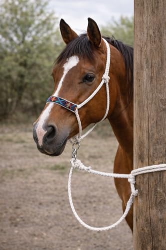 CHALLENGER Nylon Horse Western Rope Braided Halter Lead Beaded Noseband 606RTBeadedWhite - color: White/Turquoise