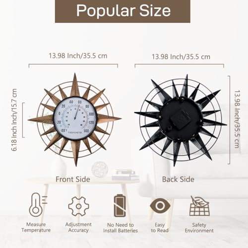14'' Sun Outdoor Thermometer, No Need Battery | Metal Wall-Mounted Thermometer, Decorative Indoor Thermometers for Garden Patio Living Room - color: Sunburst