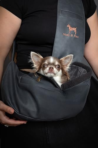 Noah & Paw Dog Sling Carrier for Small Dogs 3-10lb, Dog Sling for Small Dogs and Cats, Dog Carrier with Adjustable Padded Strap, Vegan Leather Lined with Fur, 3X Safety Features, Machine Washable - color: Charcoal, size: 15.0"L x 6.0"W x 5.5"H
