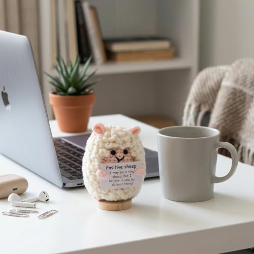 Handmade Crochet Sheep Figurine Desk Decor Encouragement Gift Her | Sheep Holds Positive Message Card In Hands. Soft Acrylic Yarn. Birthday Going Away Surprise