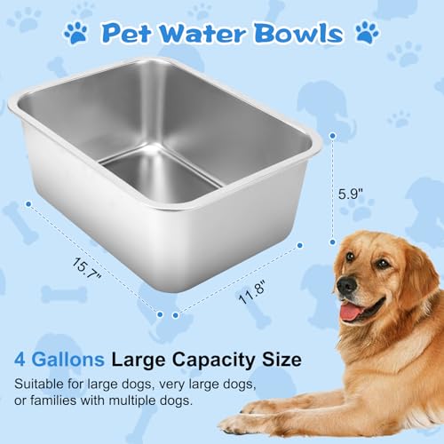 YUEPET Large Stainless Steel Dog Water Bowl, 4 Gallon Bowl for L Dogs | Outdoor Dog Water Bowl, 4 Gallon Capacity, Food and Water Use, Rounded Corners, Raised Edge, Easy to Clean, XL Dogs - size: 4 Gallons
