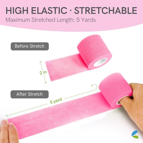 FriCARE Self Adhesive Bandage Wrap, Medical Tape in First Aid Kit | Elastic Cohesive Bandages for Sports/Vet/Wrist Ankle Wounds, 2 Inches X 5 Yards, Latex-free 6 Rolls, Fluorescent Color - color: Fluorescent Color