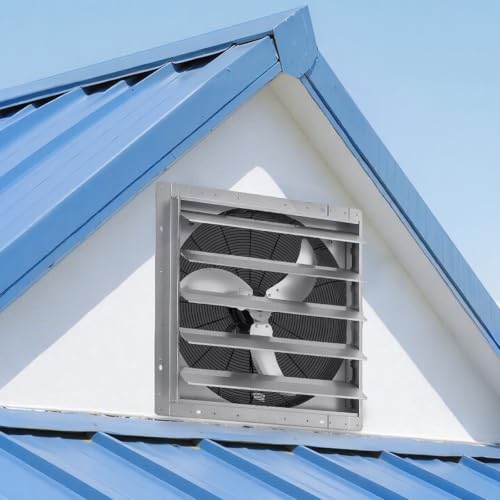 VEVOR 24 Inch Shutter Exhaust Fan Wall Mounted Automatic Louvers Silver, Sturdy Steel Housing, Low Noise, AC Motor, 7030 CFM Ventilation and Cooling for Attic, Garage, Barn, Greenhouse, Workshop | Wall Mounted Attic Fan Automatic Shutter, AC Motor, Heavy-