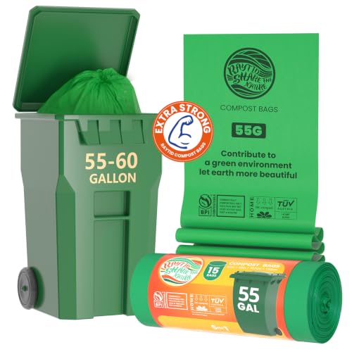 55-60 Gallon Compostable Trash Bags Liners, Heavy Duty Extra Thick 1.57 Mil, 208.2 Liter, 15 Bags, Lawn, Yard, and Restaurant Use, ASTM D6400, US BPI, OK Compost Home Certified - color: 55G-15count
