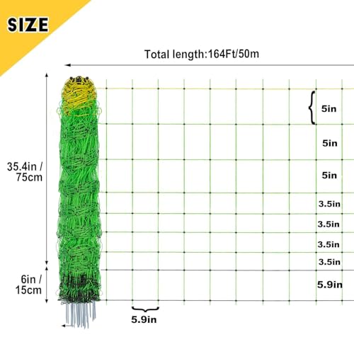 Electric Fence Netting, 35.4" x 164' Portable Electric Net Fence for Goats, Sheep, Lambs, Hogs in Backyards, Farms, Ranches, Homesteads and Gardens,(14 Posts, 2 Spikes,Green) - size: 35.4" x 164'