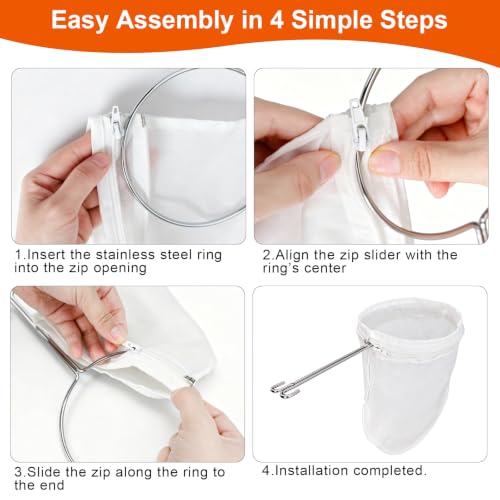 Nut Milk Strainer Bag Set, 3 Filters & 1 Stainless Handle | Secure Closure & Stainless Steel Handle, Washable Fine Mesh for Pulp-Free Nut Milk, Juice & Cold Brew