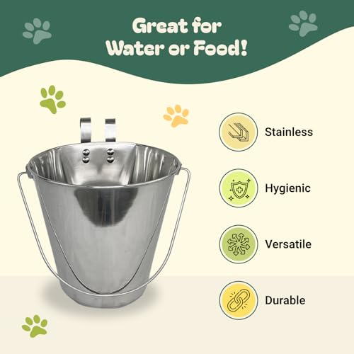 Advance Pet Products 6 Quart Stainless Steel Bucket with Dual Hook | Perfectly Fits on Kennels, Cages and Critter Crates | Heavy Duty Bucket for Pets Cleaning & Food Prep - Flat Sided Pail - size: 6 Quart - Hooked
