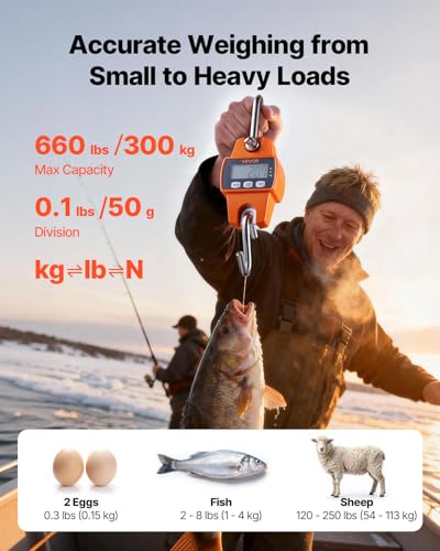VEVOR Digital Crane Scale, 660 lbs/300 kg, Industrial Heavy Duty Hanging Scale with Cast Aluminum Case & LCD Screen, Handheld Mini Crane with Hooks for Farm, Hunting, Fishing, Outdoor, Garage (Orange) - style: 660 lbs/300 kg