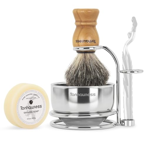 Badger Hair Shaving Brush With Wood Handle, Goat Milk Shaving Soap, Dual-ring Base Stainless Steel Shaving Stand Holder and 3 Layers Shaving Bowl for Men's Wet Shaving (Wood With Badger Hair) - color: Wood With Badger Hair