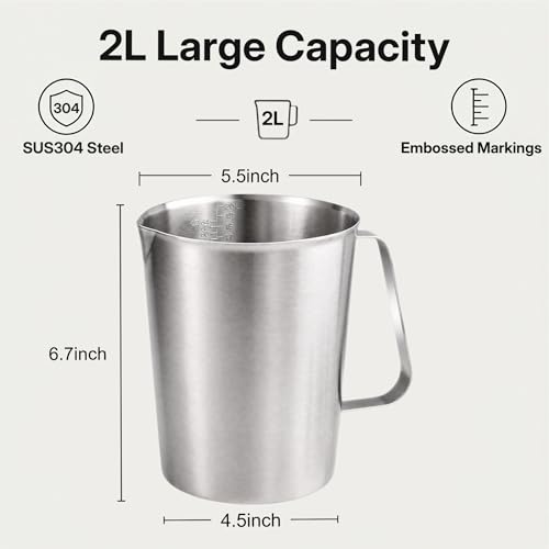 64Oz/8Cup Stainless Steel Pitcher (SUS304), 2 Liter Metal Container for Water, Milk, Liquid with Handle with Engraved Markings, Silver - size: 2000ML