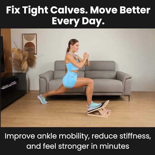 Swara 14″ Wide Wooden Slant Board for Calf Stretching & Exercise, Foldable | Adjustable incline board with thicker base, guide and bonus muscle roller; beginner-friendly, stable design, 400 lb capacity - size: 14x14 Inch