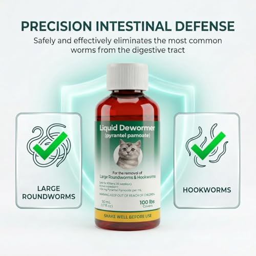 Liquid Dewormer for Cats & Kittens, Pyrantel Pamoate Oral Suspension, Removes Roundworm, Hookworm Broad Spectrum, with 1ml Dosing Syringe (50ml)