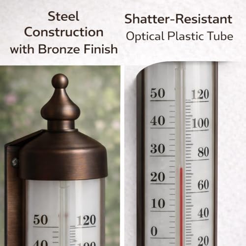 Outdoor Thermometer – Dual Fahrenheit & Celsius, Bronze Finish Adjustable Garden Tube Thermometer, 10-Inch Wall or Fence Mount Temperature Gauge for Patio, Garden & Porch