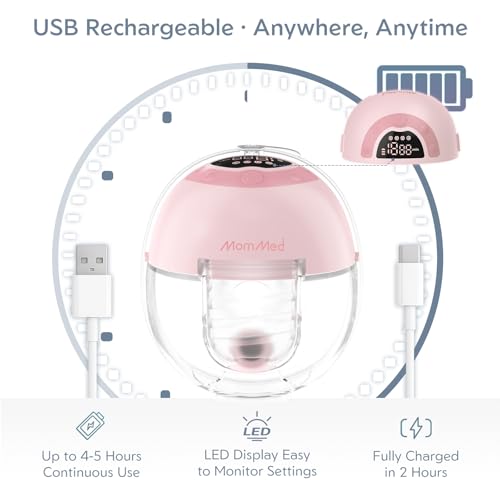 MomMed S33 Wearable Breast Pump with Case, Hands-Free Double Electric, 6oz | Ultra Quiet 45dB In-Bra Pump, Night Light, One-Tap Pause, Leakproof, BPA Free, 17/19/21mm Flange Inserts for Work Travel - color: Pink