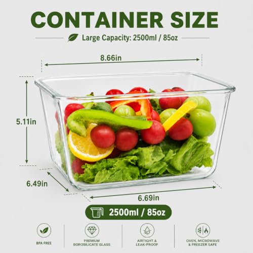 2 Pack Large Glass Storage Containers with Lids 85oz/10.5cup Big Airtight Glass Food Storage Containers for Rotisserie Chicken Watermelon Meal Prep, BPA Free, Freezer Dishwasher Oven Safe - color: green