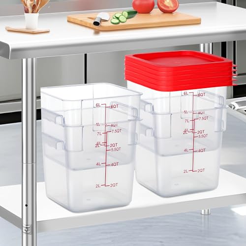 4 Pack 6 Qt Square Polycarbonate Food Storage Containers with Lids | Clear BPA-free PC with lids, side handles, measurement scale and stackable design; for food prep, storage and freezer use. - color: 6Qt