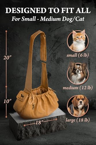 Noah & Paw Dog Sling Carrier for Small Dogs 5-18lb, Dog Sling for Small Dogs and Cats, Dog Carrier with Adjustable Padded Strap, Vegan Leather Lined with Fur, Double Safety Feature, Machine Washable - color: Camel