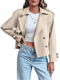 ebossy Women's Double Breasted Short Duster Trench Coat Lapel Loose Windproof Cropped Jacket Coat with Pockets - color: Beige, size: Small