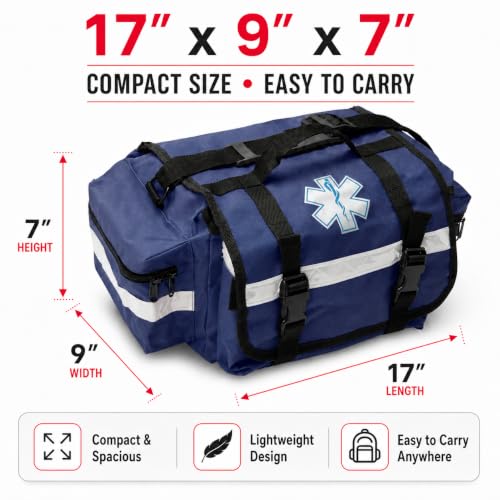 NOVAMEDIC NM-RO63P Professional First Responder Bag, 17” x 9” x 7” Empty EMT Trauma Kit Carrier with Removable Dividers, Reflective Strips, Water-Resistant Base for Emergency Medical Supplies (Blue) - color: Blue