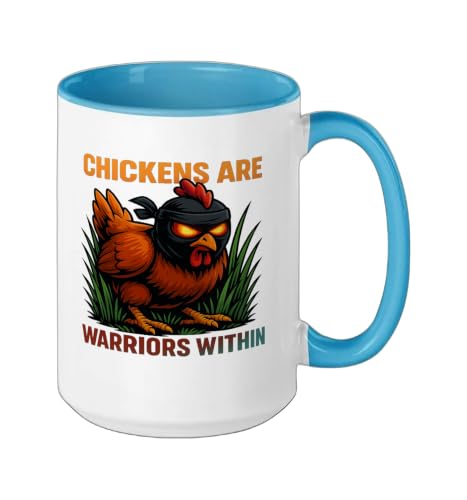 Chickens Are Warriors Within Funny Poultry Ninja Ceramic Mug, Blue/White, 15oz - color: Blue/White, size: 15 Ounces