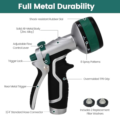 Garden Hose Nozzle, Heavy Duty Metal Water Hose Sprayer Nozzle with 8 Spray Patterns, High Pressure Handheld Nozzle with Flow Control for Lawn & Plant Watering, Car Washing – Forest Green