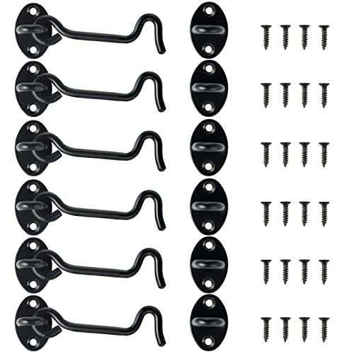 4" Hook and Eye Latch 6-Pack, Heavy Duty Solid Stainless Steel Cabin Privacy Hooks Latch with Mounting Screws for Barn Doors, Bathrooms, Sliding Doors, Sheds, Blinds, Bedrooms. (Black)