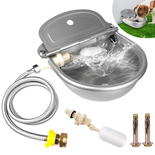 Automatic Water Dispenser for Dogs, 304 Steel Float Valve Pet Water Bowl | Self-Filling, Wall Mounted, 2.5L Capacity, Drain Plug for Easy Clean, for Large Dogs Chickens Horses, Yard Farm Outdoor Use