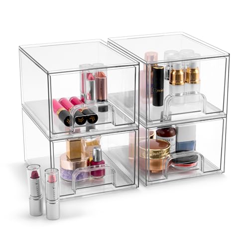 Sorbus Clear Stackable Storage Drawers (4 Pack, 4.4'' Tall) | Acrylic containers with pull-out bins keep cosmetics, brushes and daily items sorted on bathroom counters or in cabinets. - size: 4 Pack, 4.4’’ Tall