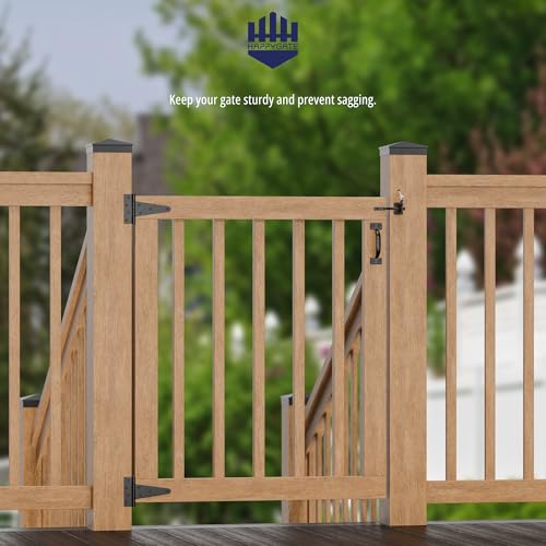HAPPTGATE Heavy Duty Fence Gate Hardware Kit, 6in Gate Hinges and Latch Set | Heavy duty gate kit for wooden fence with self locking gate latch, 6in t-strap gate hinges, door pull handle for vinyl fence